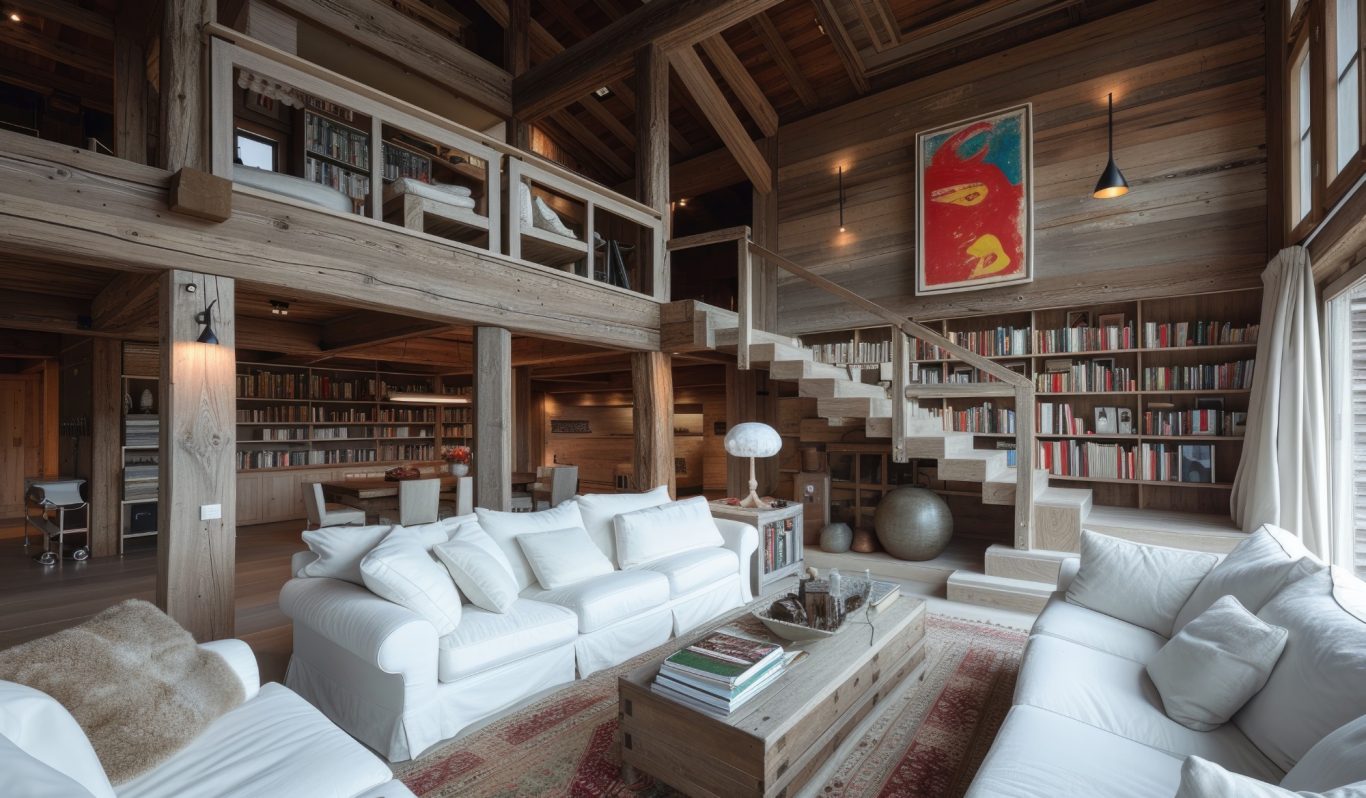 LES DIFFERENTES SOLUTIONS POUR CREER UNE MEZZANINE DANS VOTRE MAISON Salon spacieux avec des canapés blancs, escalier en bois et bibliothèque.