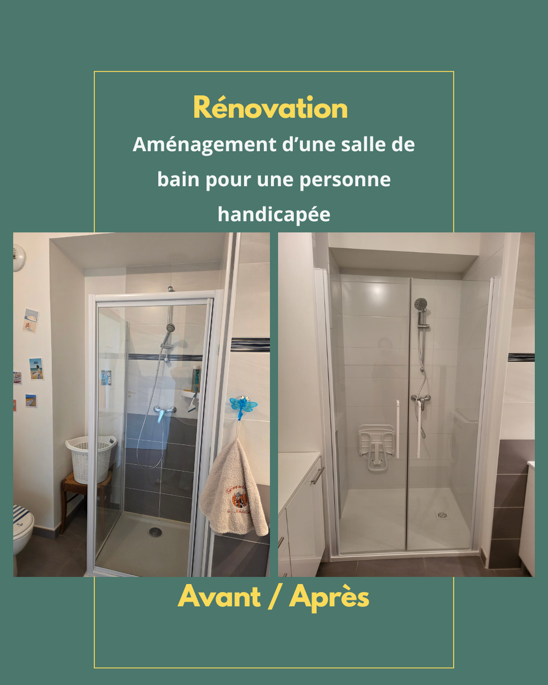 Rénovation d'une salle de bain Rénovation d'une salle de bain aux normes handicapées, pour une personne à mobilité réduite et en perte d'autonomie.