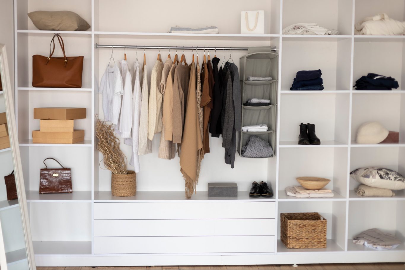 AMENAGER UNE PIECE EN DRESSING Armoire moderne avec vêtements beige, sacs et accessoires soigneusement rangés.