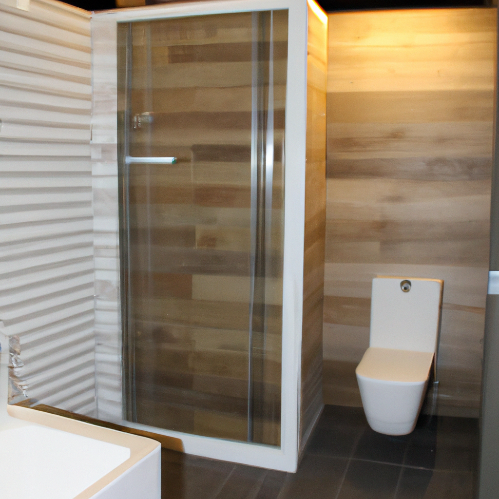RENOVATION DE SALLE DE BAIN SANS FENETRE Salle de bain moderne avec douche en verre et toilettes suspendues sur un mur en bois.