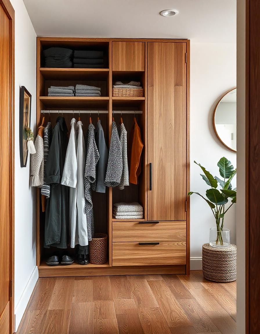 AMENAGEMENT D'UN DRESSING DANS L'ENTREE Armoire en bois avec vêtements, miroir rond et plante en pot dans une pièce lumineuse.