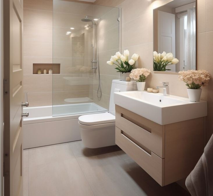 RENOVATION DE SALLE DE BAIN, NOS CONSEILS Salle de bain moderne avec baignoire, toilettes et meuble lavabo en bois clair.