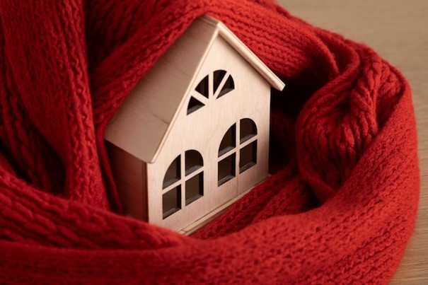 QUELS TRAVAUX PREVOIR POUR REDUIRE SA CONSOMMATION ENERGETIQUE ? Un petit modèle de maison en bois enveloppé dans un chaud foulard rouge.